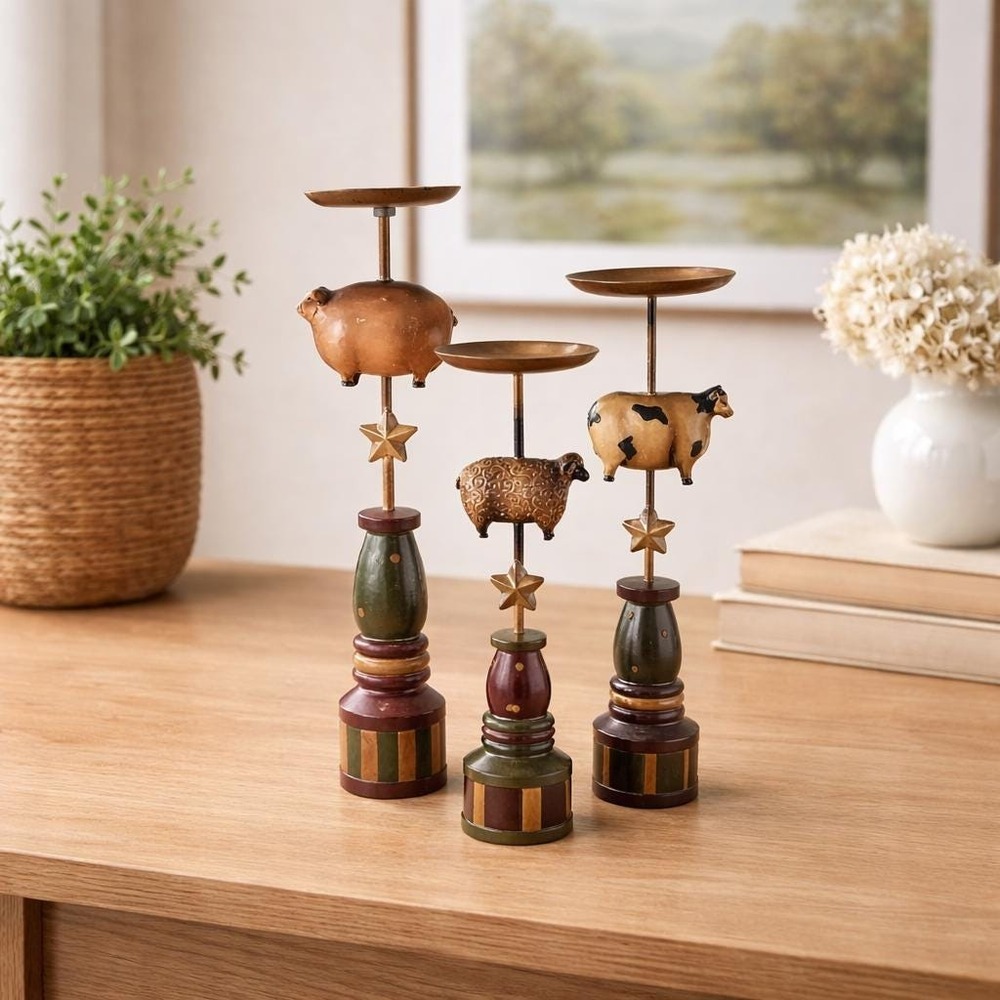 Kirklands Farm Animal Candle Holders Set Pig Cow Sheep Decor